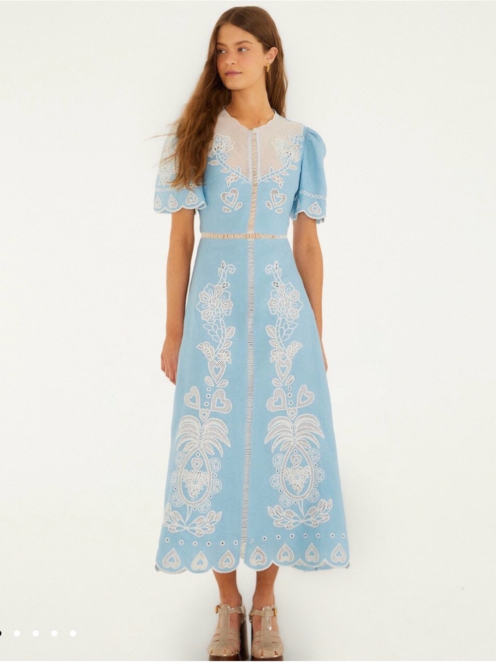 FARM Rio Light Blue Embroiderede Midi Dress